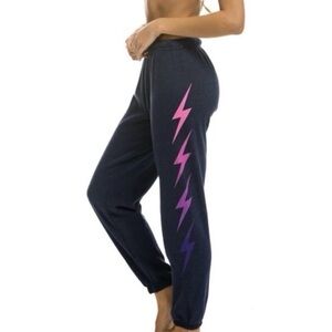 Aviator Nation Black With Purple/Pink Bolt Pattern Sweatpants Sz. M Made In USA